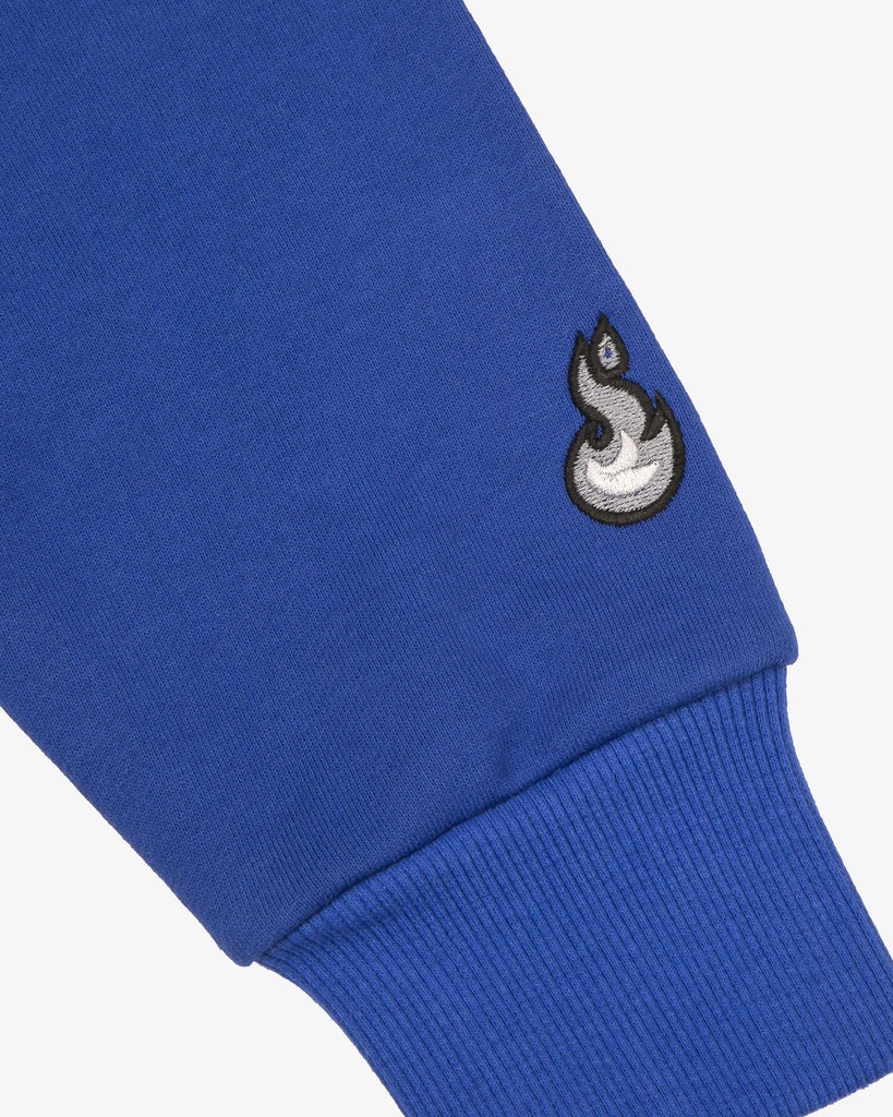 luxury streetwear sweater Royal Blue 100% Cotton Imported From Japan Made In New York City Tonal Stitching 100% Hand Made Cut & Sewn Rib Knit Cuffs & Hem Sparkling White Vinyl Graphic Flame Icon Embroidery On Sleeve