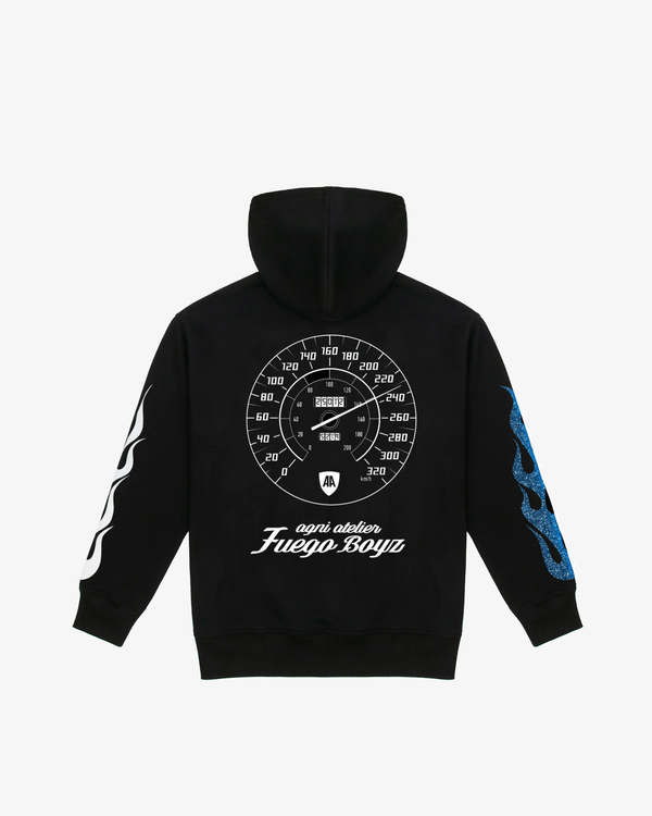 luxury streetwear hoodie Black French Terry Hooded Sweatshirt 100% Cotton Imported From Japan Handmade In New York City Tonal Stitching Rib Knit Cuffs Sparkling Blue & White Vinyl Flame Graphic On Sleeves Silk Screen Printed Graphics on Front & Back