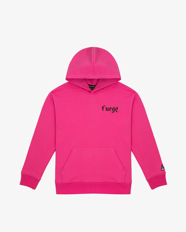 luxury streetwear hoodie Magenta 100% Handmade Cut & Sewn Made In New York City French Terry Hooded Sweatshirt Tonal Stitching Rib Knit Cuffs & Hem Sparkling Black Vinyl Graphic Flame Icon Embroidery On Sleeve 100% Cotton
