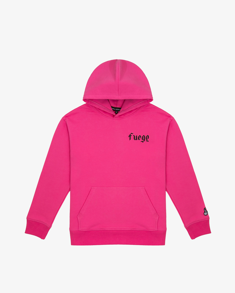 luxury streetwear hoodie Magenta 100% Handmade Cut & Sewn Made In New York City French Terry Hooded Sweatshirt Tonal Stitching Rib Knit Cuffs & Hem Sparkling Black Vinyl Graphic Flame Icon Embroidery On Sleeve 100% Cotton