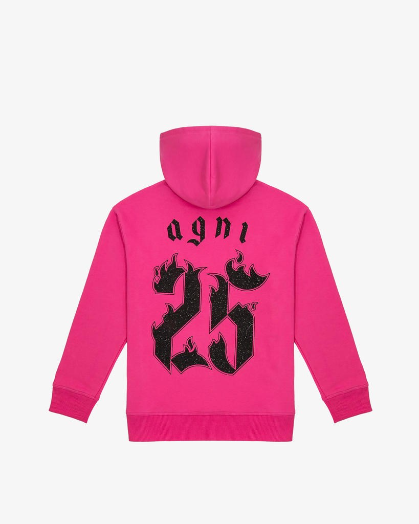 Magenta 100% Handmade Cut & Sewn Made In New York City French Terry Hooded Sweatshirt Tonal Stitching Rib Knit Cuffs & Hem Sparkling Black Vinyl Graphic Flame Icon Embroidery On Sleeve 100% Cotton