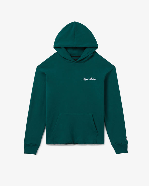 luxury streetwear hoodie Green Vintage Wash Lightweight French Terry Cotton Imported From Japan Tonal Stitching Rib Knit Cuffs  Agni Atelier Embroidery On The Front Flame Icon Embroidery On The Sleeve Made In New York City