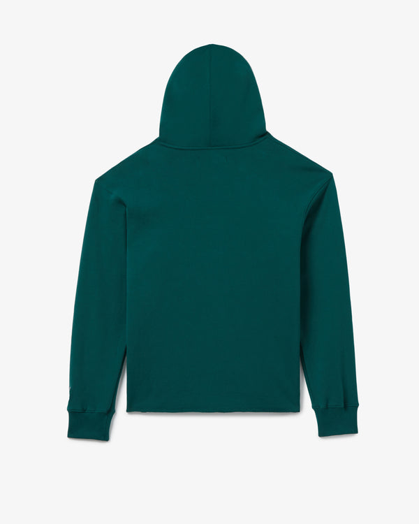 luxury streetwear hoodie Green Vintage Wash Lightweight French Terry Cotton Imported From Japan Tonal Stitching Rib Knit Cuffs  Agni Atelier Embroidery On The Front Flame Icon Embroidery On The Sleeve Made In New York City