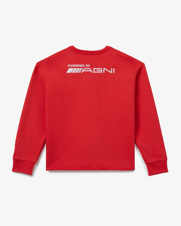 luxury french terry cotton sweater Red French Terry Cotton Imported From Portugal Tonal Stitching Rib Knit Cuffs  Agni Atelier Embroidery On The Front Powered By Agni Embroidery On The Back Flame Icon Embroidery On Sleeve Made in New York City