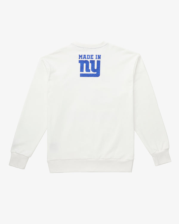 The rear of a White Crew Neck , featuring the text Made in NY using the OFFICIAL NFL GIANTS Jersey Font. The Text and graphics all have a shimmering blue color.