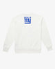 The rear of a White Crew Neck , featuring the text Made in NY using the OFFICIAL NFL GIANTS Jersey Font. The Text and graphics all have a shimmering blue color.