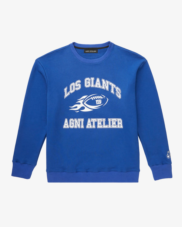 A Blue Crew Neck with Los GIANTS on it, featuring a graphic of a football on fire with NY GIANTS and the Agni Atelier logo.