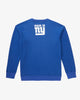 The rear of a Blue Crew Neck , featuring the text Made in NY using the OFFICIAL NFL GIANTS Jersey Font. 
