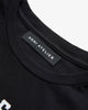 A zoomed in shot on a Black Tee Shirt, featuring the neckline of the crew neck..