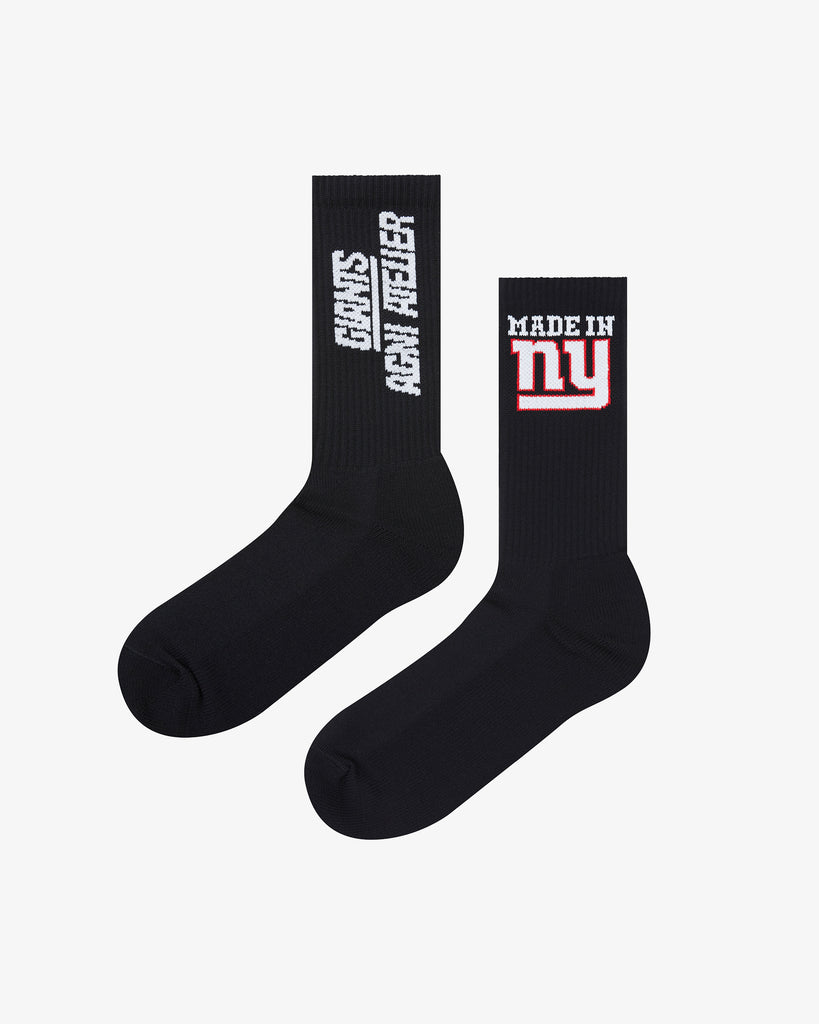 A pair of socks with NY GIANTS NFL FOOTBALL TEAM LOGO, and Agni Atelier logo, featuring the text Made in NY using the OFFICIAL NFL GIANTS Jersey Font. 