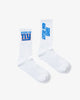 A pair of socks with NY GIANTS NFL FOOTBALL TEAM LOGO, and Agni Atelier logo, featuring the text Made in NY using the OFFICIAL NFL GIANTS Jersey Font. 