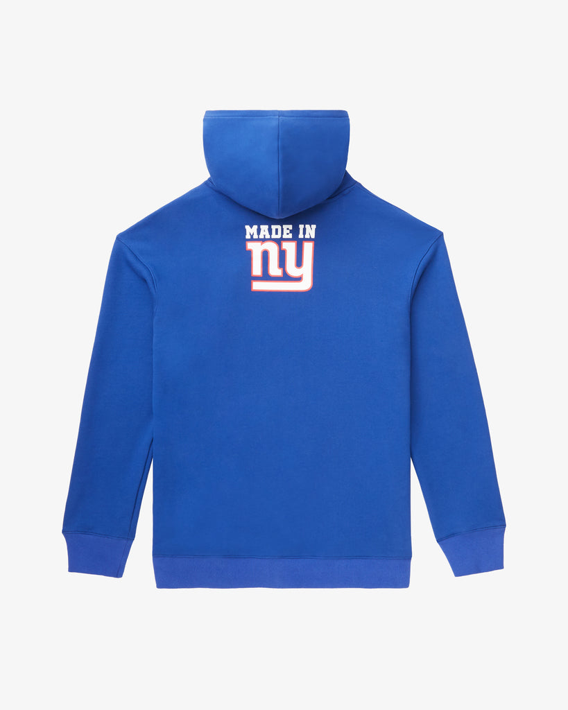 The rear of a Blue Hoodie , featuring the text Made in NY using the OFFICIAL NFL GIANTS Jersey Font. 