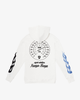 luxury streetwear White French Terry Hooded Sweatshirt 100% Cotton Imported From Japan Handmade In New York City Tonal Stitching Rib Knit Cuffs Sparkling Blue & Black Vinyl Flame Graphic On Sleeves Silk Screen Printed Graphics on Front & Back