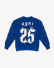 luxury streetwear sweater Royal Blue 100% Cotton Imported From Japan Made In New York City Tonal Stitching 100% Hand Made Cut & Sewn Rib Knit Cuffs & Hem Sparkling White Vinyl Graphic Flame Icon Embroidery On Sleeve