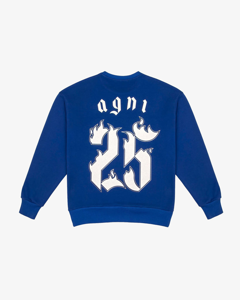 luxury streetwear sweater Royal Blue 100% Cotton Imported From Japan Made In New York City Tonal Stitching 100% Hand Made Cut & Sewn Rib Knit Cuffs & Hem Sparkling White Vinyl Graphic Flame Icon Embroidery On Sleeve